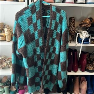 Brown and Teal Checkered Cardigan